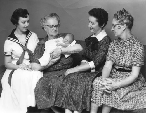 1956 Marlene, Grandma (Moore) Lomax, Cindy, Billye, Mom.
Five generation picture with Marleneï¿½s newborn daughter.
at Couples Coop, 1334 Ohio, Lawrence, Kansas.